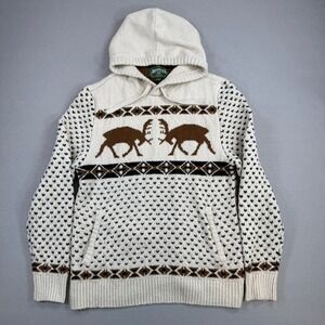 American Eagle Hoodie Mens Large White Reindeer Fair Isle Hooded Knit Sweater